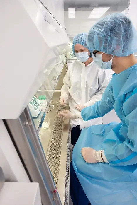 Staff works under a chemical fume hood.